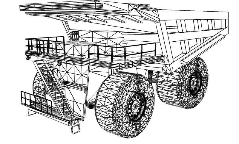 A black and white drawing of a dump truck.