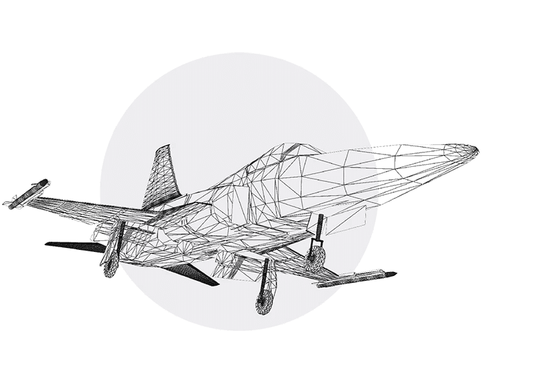 A black and white drawing of a fighter jet.
