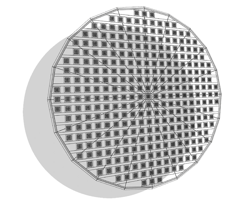A 3d model of a circular plate with squares on it.
