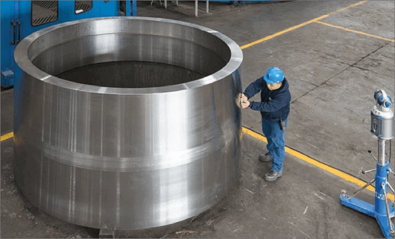 A man working on a large stainless steel cylinder.