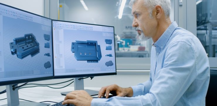 A man is working on a computer with two monitors.