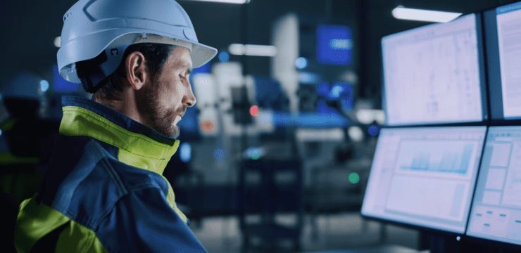 A man in a hard hat is looking at several monitors.