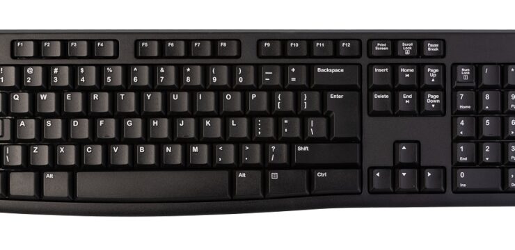 A black computer keyboard on a white background.