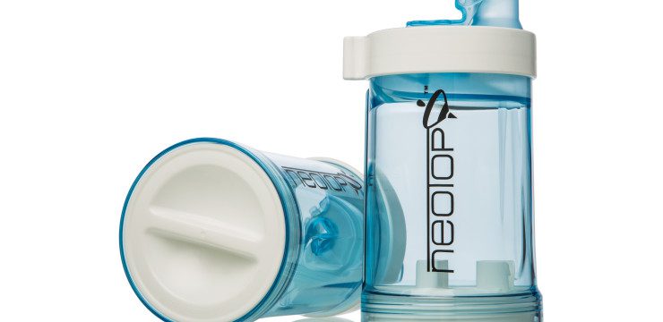 A blue and white water bottle with a lid.