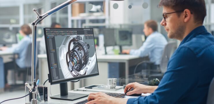 A man is working on a computer in an office.