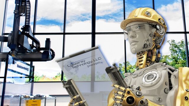 A robot holding a sign in front of a large window.